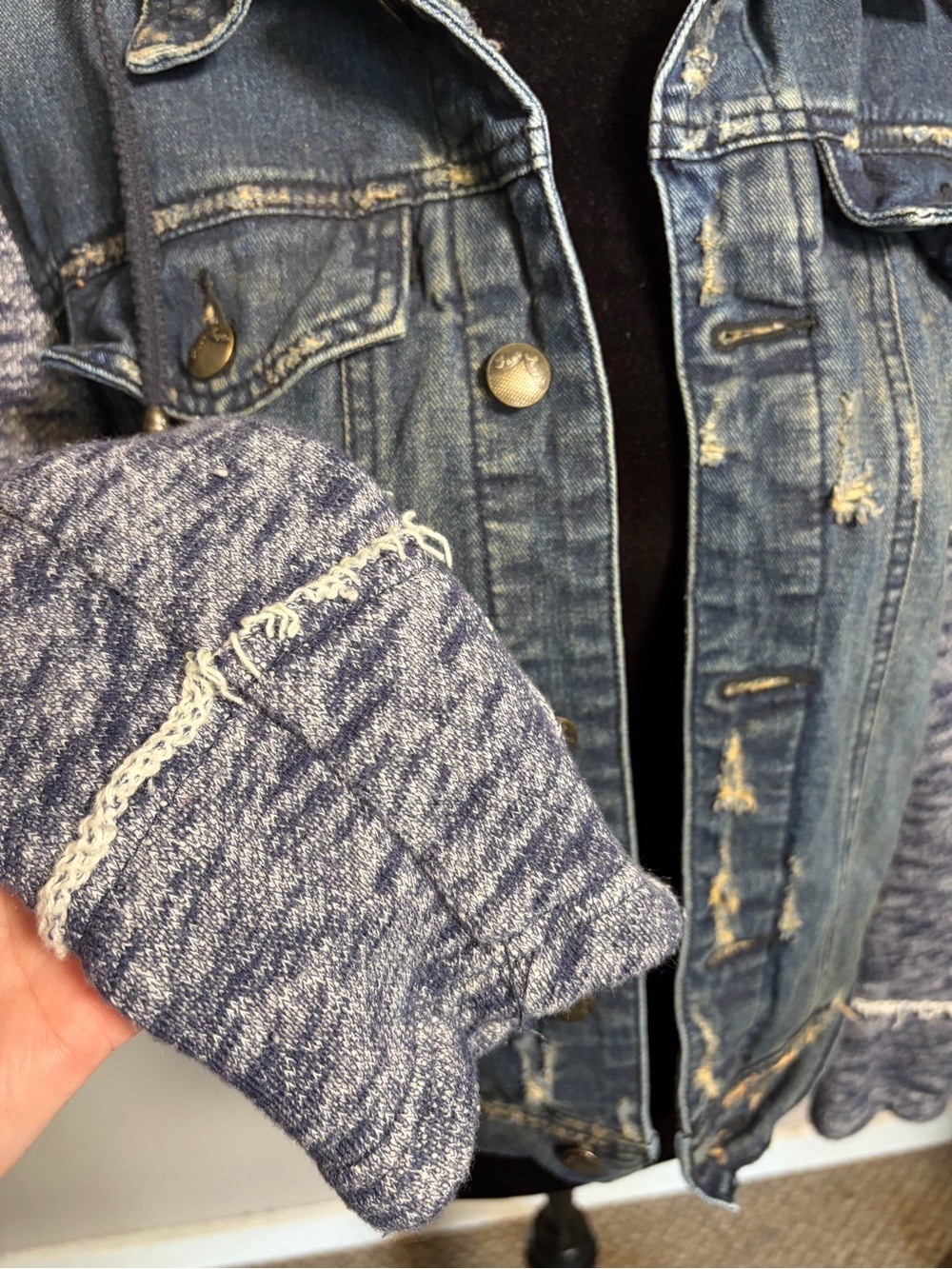 Free People Distressed Denim Jean Jacket W/ Knit Sleeves & Hood - Picture 8 of 13